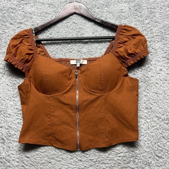 Madden Nyc Tops - Madden NYC Top XL Rust Brown Corset Bustier Front Zip Puff Short Sleeve Smocked